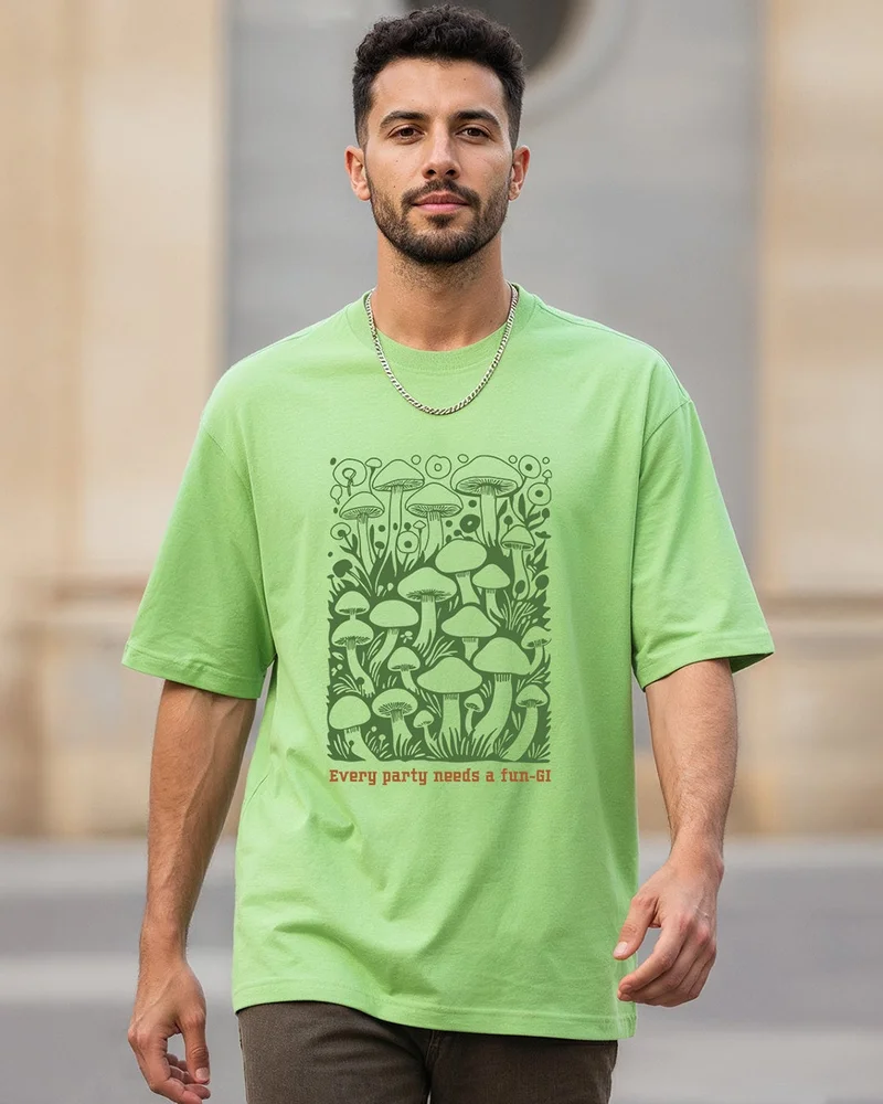 bewakoof Men's Jade Lime Green Fungi Graphic Printed Oversized T-shirt